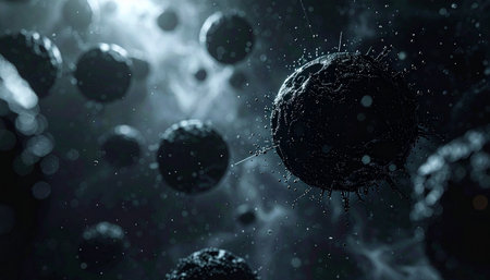 A swarm of mysterious, dark orbs drifts through a chaotic cosmic nebula. This abstract scene evokes concepts of deep space exploration, microscopic life, or the unknown frontiers of science and technology, creating a sense of wonder and foreboding.の素材