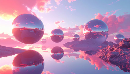 Floating metallic spheres reflect a stunningly serene sunset over a calm, otherworldly landscape. This abstract 3D rendering captures a moment of pure tranquility and futuristic beauty, evoking themes of imagination, the metaverse, and serene new dimensions.の素材