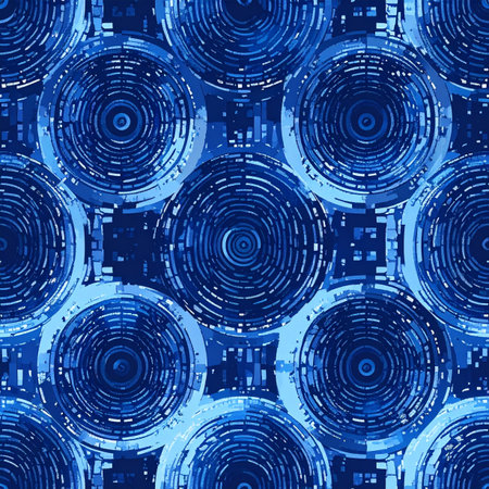 A mesmerizing seamless pattern of overlapping cybernetic circles pulses with digital energy. This abstract design, with its intricate glitch effect and deep blue hues, visualizes the complex flow of data through a futuristic network, suggesting concepts of innovation and interconnected technology.の素材