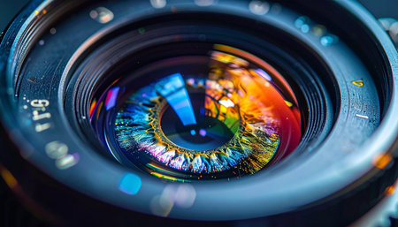 A macro view into the soul of a camera, where the complex optical glass captures a vibrant spectrum of light. This image represents the intersection of technology and creativity, showing a world of color and detail reflected in the photographers eye.の素材