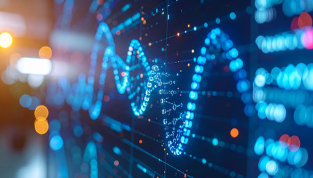 A luminous digital representation of a DNA double helix glows on a screen, symbolizing the intersection of biotechnology and big data. This image captures the essence of modern genomic research, bioinformatics, and the futuristic potential of personalized medicine.の素材