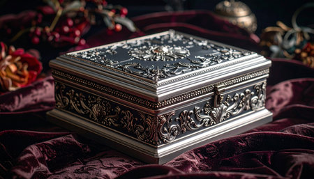 An elegant antique silver box, intricately carved with historical motifs, rests upon a bed of rich velvet. It holds untold secrets and forgotten treasures, a mysterious heirloom from a bygone era of opulence and intrigue.の素材