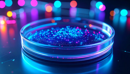 In a state-of-the-art laboratory, a petri dish holds the key to a new discovery. Glowing nanoparticles, representing a breakthrough in biotechnology, pulse with vibrant neon light against a dark, high-tech background, symbolizing the future of medicine.の素材
