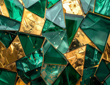 A stunning macro view of shattered emerald and gold glass pieces. The sharp, geometric fragments create a dynamic and luxurious abstract pattern, evoking a sense of opulent deconstruction and modern artistry. Perfect for backgrounds related to wealth, high-end design, or contemporary art.の素材