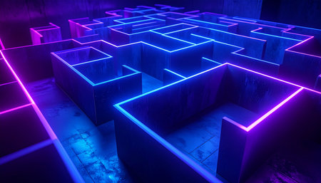 Enter a complex digital labyrinth where glowing neon paths of blue and purple intersect, creating a challenging puzzle. This futuristic landscape represents the journey through complex data, strategic decision-making, and the quest for a solution in a high-tech world.の素材