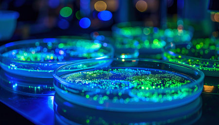 In a darkened laboratory, petri dishes reveal a breakthrough. Genetically modified cells fluoresce with a vibrant green glow under UV light, signaling a successful experiment in biotechnology and a step forward in scientific innovation.の素材