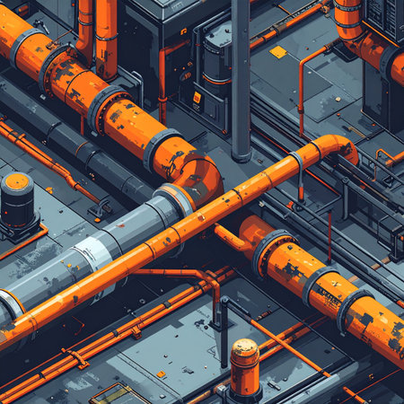 An isometric view reveals the intricate and aging circulatory system of a futuristic industrial complex. Rusted orange pipes and weathered machinery crisscross in a complex network, hinting at the relentless energy and data flowing through this cyberpunk-inspired technological landscape.の素材