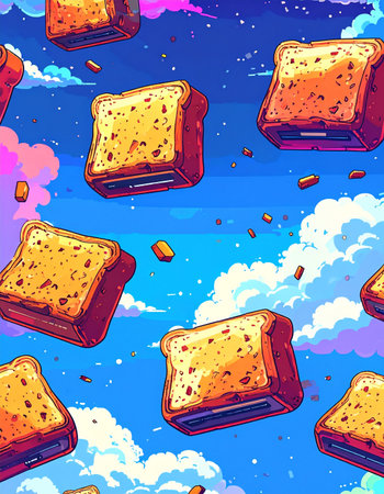 Slices of perfectly toasted bread float and tumble through a vibrant, dreamlike sky. This whimsical anime-style illustration captures a surreal breakfast fantasy, where food takes flight amidst fluffy pink and white clouds, evoking a sense of playful imagination and joy.の素材
