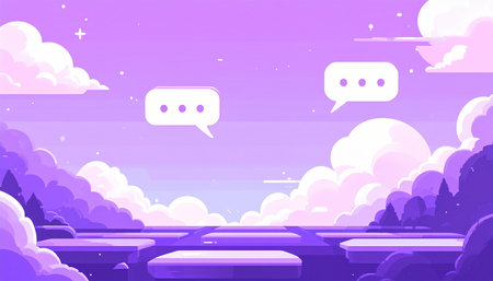 In a serene, pixelated dreamscape of purple clouds and a starry sky, two chat bubbles hang in the air, suggesting a quiet, ongoing conversation. This retro gaming-style background evokes a sense of calm contemplation, digital connection, and the peaceful pause in a virtual dialogue.の素材