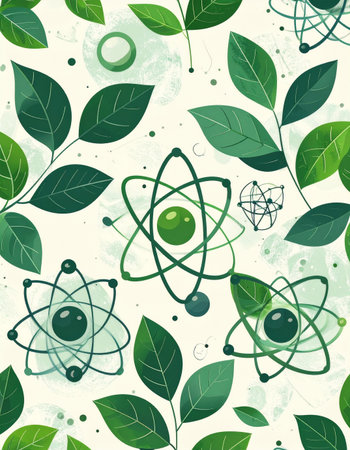 A visual representation of the deep connection between the natural world and fundamental science. Green leaves intertwine with atomic structures, symbolizing concepts like biochemistry, sustainable energy, and the molecular building blocks of life itself. This seamless pattern evokes a sense of harmony, innovation, and environmental consciousness.の素材