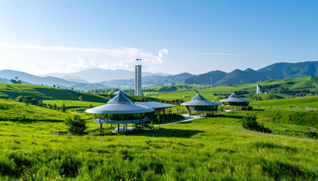 Nestled in a vibrant green valley, a futuristic settlement of dome-shaped eco-homes stands in perfect harmony with the surrounding mountains. This idyllic scene represents a utopian vision of sustainable living, where advanced architectural design and technology merge seamlessly with the tranquility of nature.の素材