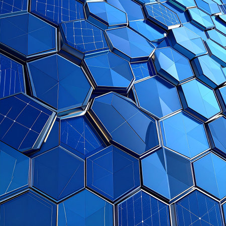 A close-up view of a futuristic solar panel array, composed of interlocking blue hexagons. This advanced photovoltaic technology represents a leap forward in sustainable power generation, symbolizing innovation, efficiency, and a commitment to a cleaner, greener future.の素材