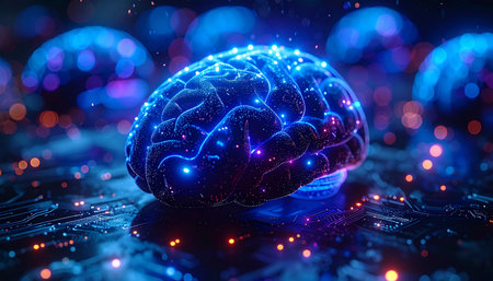 A luminous digital brain pulsates with energy, its neural pathways firing in a brilliant display of blue and orange light. This represents the dawn of advanced artificial intelligence, where complex data is processed in an instant, unlocking new frontiers of innovation, consciousness, and technological evolution.の素材