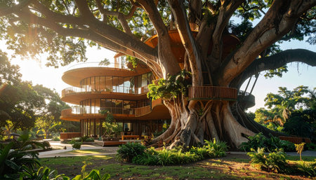 As the sun sets, its golden rays illuminate a stunning architectural marvela futuristic treehouse seamlessly integrated with a magnificent ancient tree. This is a vision of sustainable luxury, where modern design and the tranquility of nature exist in perfect harmony.の素材