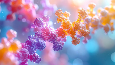 A vibrant, glowing depiction of a DNA double helix, symbolizing the intricate code of life. This futuristic illustration represents a breakthrough in genetic research, innovation in medicine, and the future of biotechnology and scientific discovery.の素材