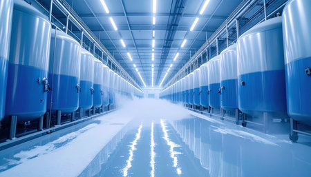 A long, sterile corridor in a state-of-the-art manufacturing plant, lined with massive blue and white storage tanks. Cool blue light reflects off the polished floor, leading to a bright glow at the end, suggesting a hub of innovation, automation, and advanced industrial processing.の素材