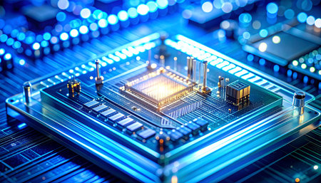 A powerful central processor glows with intense blue light, symbolizing the rapid flow of digital information and the core of artificial intelligence. This macro view of a circuit board represents the complex brain of modern technology, driving innovation and the future of computing.の素材