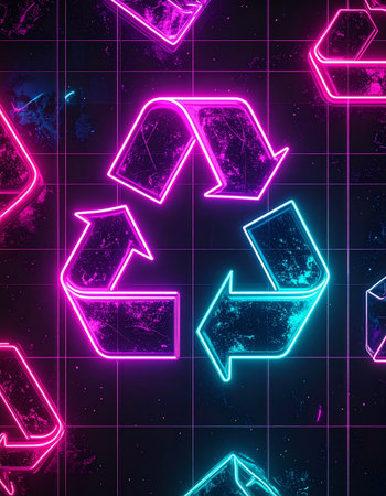 A vibrant pattern of neon recycling symbols glows against a dark retro grid. This image blends futuristic aesthetics with the timeless message of environmental responsibility, perfect for concepts of modern sustainability and green technology.の素材