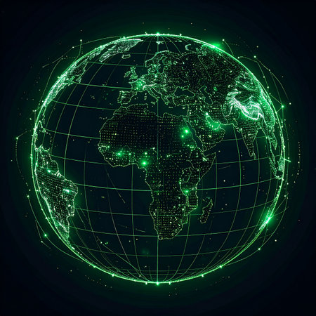A luminous green hologram of Earth pulsates with life as data points flare up across continents. Lines of light trace the invisible pathways of global communication, representing a complex, interconnected network of information, finance, and technology that powers the modern world.の素材