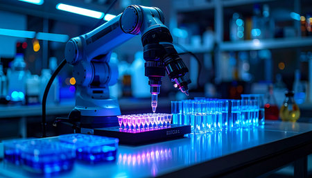 In a state-of-the-art laboratory illuminated by cool blue light, a precision robotic arm meticulously conducts an experiment, dispensing samples into a microplate. This image symbolizes the future of automated research, drug discovery, and scientific innovation.の素材
