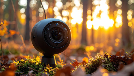 In the heart of a tranquil forest, a small camera silently observes the world as the sun sets, casting a warm, golden glow. This image captures the intersection of modern technology and the pristine beauty of nature, symbolizing environmental monitoring, wildlife conservation, or the quiet mystery of being watched.の素材