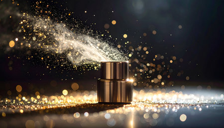 In a dark, atmospheric setting, a mysterious metallic device comes to life, erupting with a brilliant shower of golden sparks and ethereal smoke. This captivating scene evokes a sense of powerful creation, technological breakthrough, or a magical event unfolding, perfect for concepts of innovation, energy, and discovery.の素材