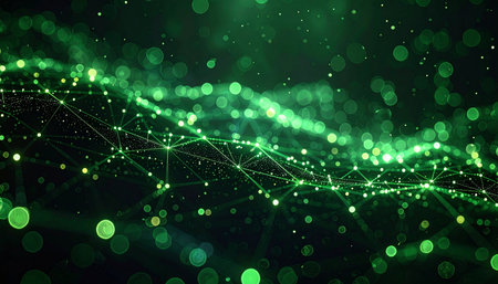 A vibrant green wave of interconnected nodes and glowing particles flows through digital space. This abstract visualization represents the complex and dynamic nature of big data, neural networks, or the flow of information in a futuristic technological landscape.の素材
