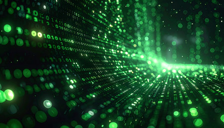 A journey through a vast digital highway, where streams of glowing green binary code represent the endless flow of information. This abstract visualization captures the speed and complexity of modern technology, big data, and the interconnectedness of cyberspace.の素材