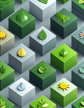 An organized grid of isometric blocks showcases various elements of nature and sustainability. Each cube represents a building block of a greener future, from a single leaf to solar power, illustrating a systematic approach to environmental solutions.の素材