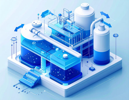 A detailed isometric view of a futuristic water treatment facility, where advanced technology and automated processes work in harmony. Bubbling blue liquid flows through transparent pipes and tanks, symbolizing a clean, efficient, and sustainable solution for resource management.の素材