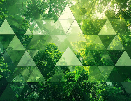 Sunlight filters through a vibrant green forest canopy, its natural beauty viewed through a modern, abstract lens of geometric triangles. This image represents the harmonious fusion of nature and technology, symbolizing concepts like sustainable innovation, environmental data, and a futuristic approach to ecology.の素材