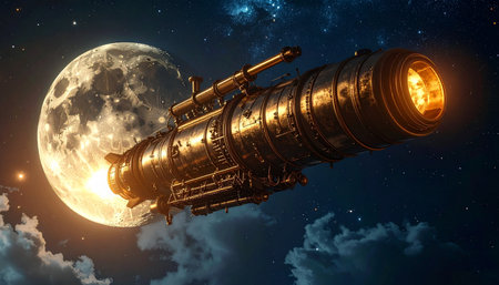 An ornate, steampunk-inspired rocket ship embarks on an epic voyage through a starry night sky. Propelled by glowing engines, it soars past a magnificent, luminous full moon, representing a journey of adventure, imagination, and retro-futuristic exploration.の素材