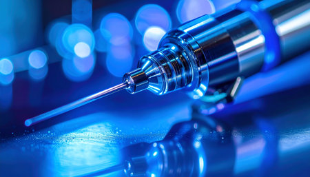 In a state-of-the-art laboratory bathed in cool blue light, a sterile syringe needle rests, reflecting the promise of a new medical breakthrough. This image symbolizes the pinnacle of scientific research, representing a future of advanced treatments, preventative vaccines, and hope for a healthier world.の素材