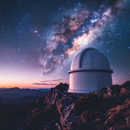 Perched atop a rugged mountain peak, an astronomical observatory dome stands ready for a night of cosmic exploration. As twilight fades, the magnificent Milky Way galaxy unfolds across the vast night sky, inviting discovery and sparking a sense of wonder about the universe.の素材