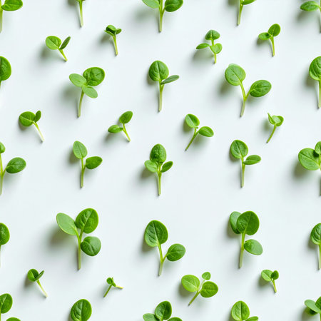 From a top-down perspective, a repeating pattern of fresh green microgreens emerges, each sprout a symbol of new life and potential. This minimalist composition evokes feelings of growth, freshness, and the simple, organized beauty of natures beginnings.の素材