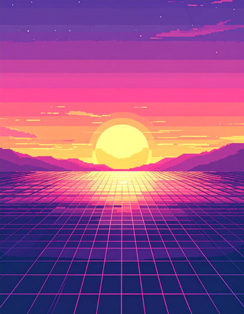 The sun sets over a digital ocean, casting a warm, pixelated glow across a retro-futuristic landscape. A glowing grid stretches towards the horizon, inviting a journey into a nostalgic, 80s-inspired virtual world of calm and endless possibility.の素材