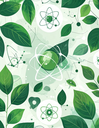 A seamless pattern illustrating the fusion of nature and science. Green leaves intertwine with atomic structures, symbolizing breakthroughs in biotechnology, sustainable energy, and environmental research. This background represents innovation rooted in the natural world.の素材
