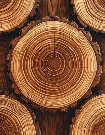 A detailed top-down view captures the intricate history of a tree, with each concentric ring telling a story of time and growth. This rustic, organic pattern creates a warm and natural background, symbolizing strength, endurance, and the beauty of natures design.の素材