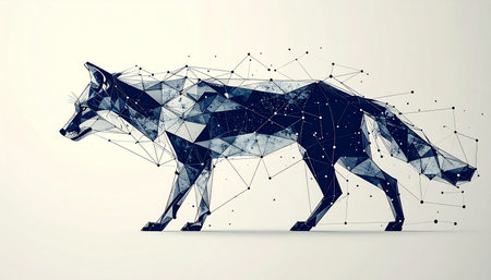 A digital fox, constructed from a network of interconnected nodes and lines, walks forward with purpose. This image represents the fusion of natural intelligence with futuristic technology, symbolizing concepts like digital transformation, strategic innovation, and the complex systems of the modern world.の素材