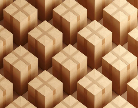 An endless, orderly array of sealed cardboard boxes stands ready for shipment. This isometric view represents the vast scale of modern logistics, supply chain management, and the global e-commerce network, symbolizing efficiency, mass production, and the journey of goods from warehouse to consumer.の素材