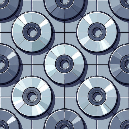 A nostalgic seamless pattern of compact discs, evoking the era of physical digital media. This clean, repeating graphic is perfect for backgrounds related to 90s and 2000s technology, music, data storage, or vintage digital archives.の素材