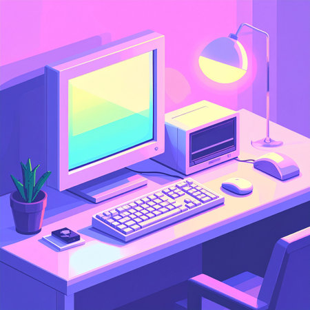 An isometric pixel art scene captures a quiet, late-night work session. A vintage computer setup, complete with a glowing CRT monitor and desk lamp, creates a nostalgic and focused atmosphere perfect for projects related to gaming, programming, or lo-fi aesthetics.の素材