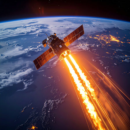 A state-of-the-art satellite executes a critical orbital maneuver, its powerful thrusters igniting the darkness of space. Below, the Earths city lights create a glowing tapestry, symbolizing the global network this technology supports. This image captures a moment of power, precision, and futuristic advancement.の素材