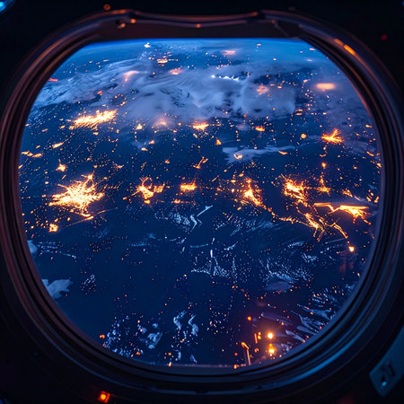 From the quiet solitude of a space station porthole, the Earth glows below. A vast network of city lights spreads across continents, representing the vibrant pulse of human civilization against the infinite darkness of space. A breathtaking perspective on our interconnected world.の素材