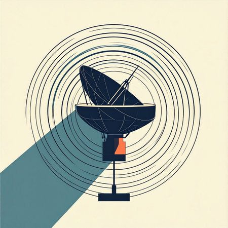 A stylized satellite dish points towards the sky, broadcasting powerful radio waves into the cosmos. This minimalist illustration captures the essence of global communication, data transmission, and the endless search for information from beyond.の素材