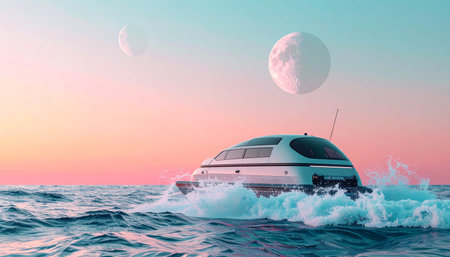 A sleek, futuristic yacht glides across the tranquil waters of an alien ocean. As twin moons rise in the pastel-colored sky, the vessel embarks on a journey of discovery, representing a new frontier in exploration, luxury travel, and otherworldly adventure.の素材