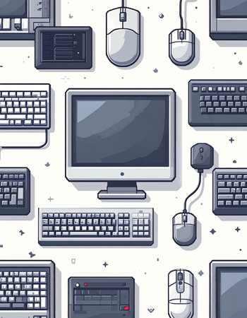 A nostalgic seamless pattern of vintage computer hardware. Each pixelated monitor, classic keyboard, and wired mouse evokes the dawn of the digital age, perfect for projects about technology history, retro gaming, or office nostalgia.の素材