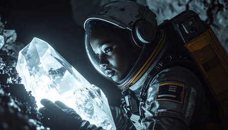 In the depths of an uncharted alien cave, a lone astronaut makes a monumental discovery. A massive, luminous crystal pulses with unknown energy, casting an ethereal glow on her face, filled with awe and wonder at the cosmic find.の素材