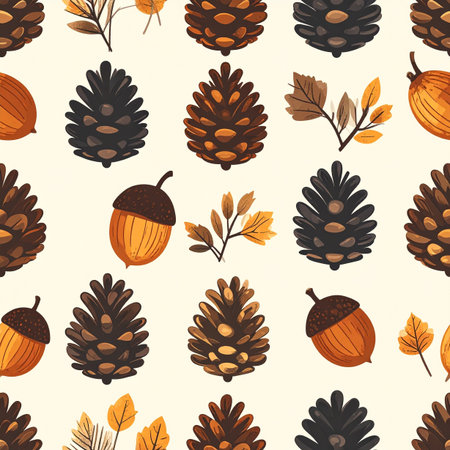 A charming seamless pattern captures the essence of a crisp autumn walk in the woods. Detailed illustrations of pinecones, acorns, and colorful fall leaves are scattered across a warm, neutral background, creating a cozy and rustic feel perfect for seasonal projects.の素材