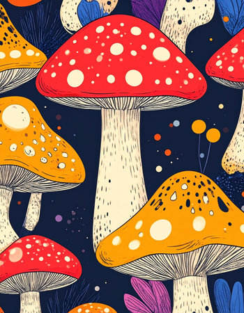 Step into a magical, enchanted forest with this vibrant and whimsical mushroom pattern. Colorful fungi in shades of red and orange pop against a deep blue background, creating a psychedelic, dream-like scene perfect for fantasy or retro-themed projects. A journey into a fairytale wonderland.の素材